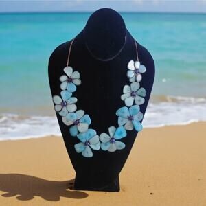Handcrafted Tagua Nut Necklace Set Aqua flowers Lei Botanical Cconut Girl